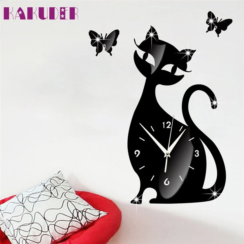 2019 милые зеркальные настенные часы с кошкой и бабочкой современный дизайн