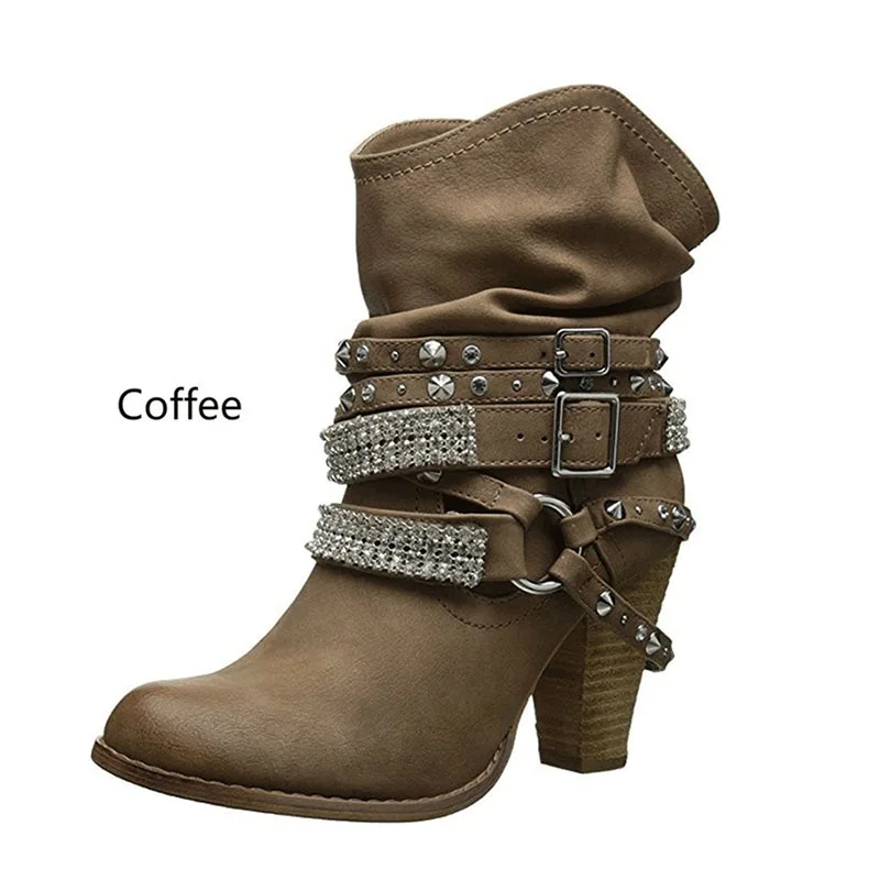 coffee Tangnest/женские ботильоны в байкерском стиле; пикантные стразы, заклепки, высокий каблук; обувь на платформе с пряжкой; женские ботинки; Размеры 35-43; XWX6928 - Цвет: coffee