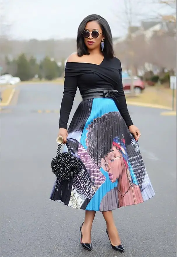 Женская винтажная плиссированная юбка с высокой талией и принтом до середины