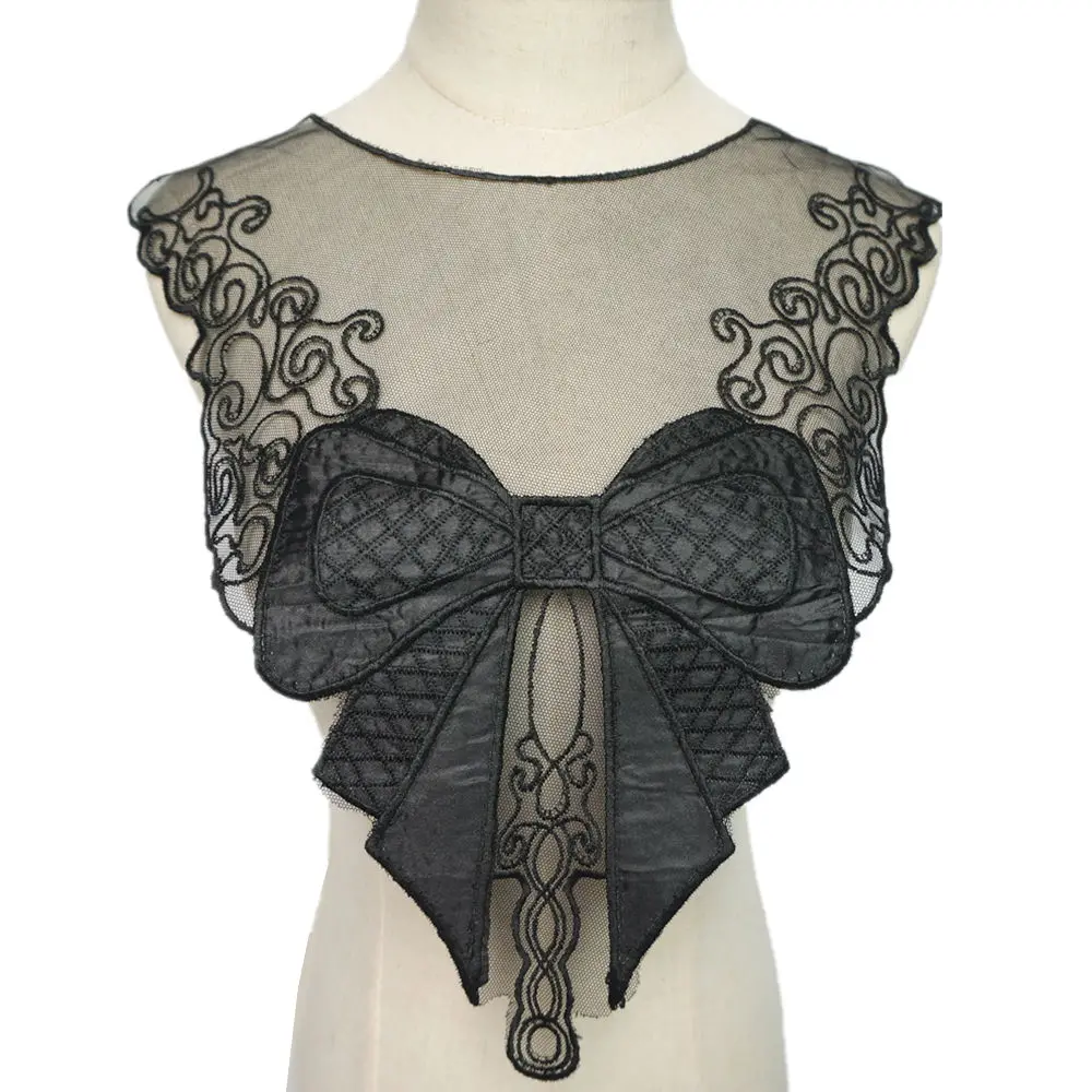 Черное кружевное платье с бантом на вороте вышивкой свадебное аппликация сетка