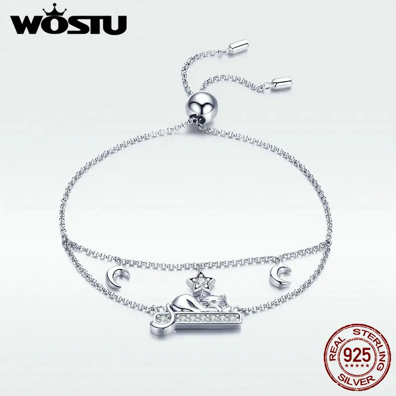 WOSTU милый котенок кошка звезда и Луна 925 пробы серебряные регулируемые браслеты для женщин браслеты свадебные серебряные украшения подарок BKB129