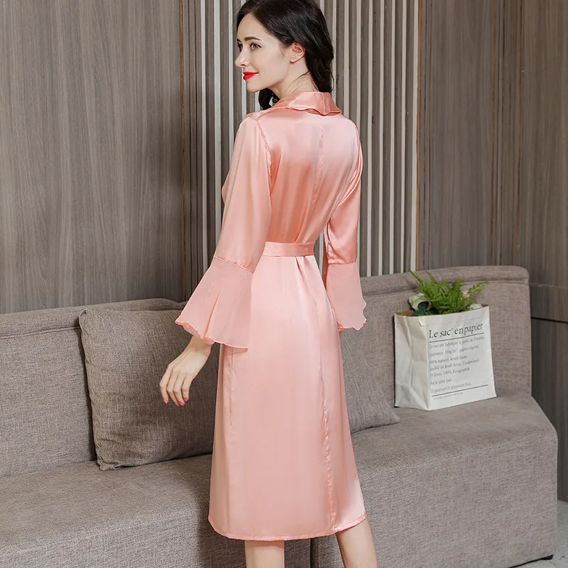 P9952 New Fashion Long-sleeved Sexy Robe Female Spring and Summer 100% Silk Pajamas Bathrobe Women Home Clothes