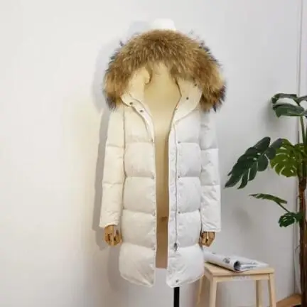 White yellow collar Женская зимняя куртка, 90%, белый утиный пух, пальто, парка, натуральный мех, воротник, утолщенный, с капюшоном, пуховик, женский, средней длины, пальто - Цвет: White yellow collar