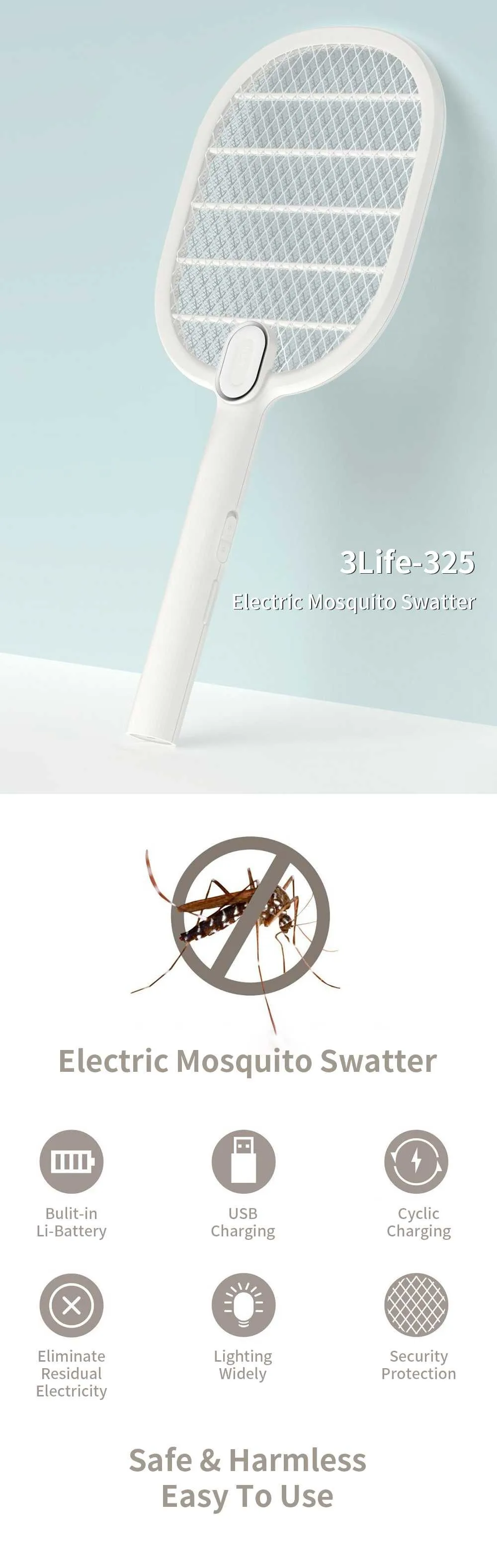 Xiaomi 3life электрическая ловушка для комаров перезаряжаемая светодиодная электрическая насекомое ошибка муха москитный диспеллер убийца ракетка 3-слойная сетка