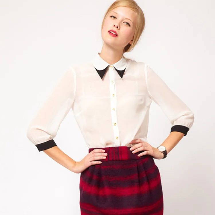 Autumn 2014 New High Street Fashion Blouse Three Quarter Sleeve Lapel Collar Chiffon Shirt for Women White Sale |