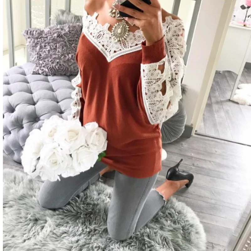 Джемпер осень 2018 женский длинный рукав сексуальный свитер кружевной сшитый