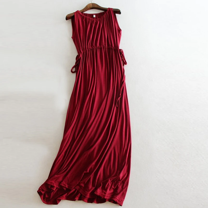 

2018 Women dress summer ladies maxi long dress female Modal Cotton vestido Waist adjustable Lacing Pleated long dress QH1358