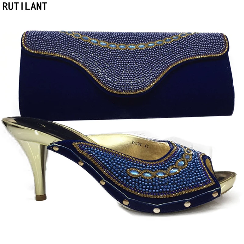 Новые синие Цвет стиле итальянские туфли той же расцветки Свадебный комплект с