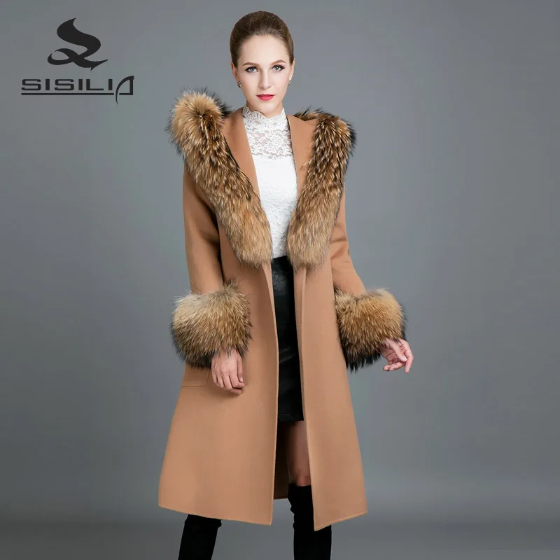 Sisilia Новинка 2017 года Для женщин теплый енотовидная собака Шуба Мода Стиль