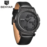 relogio masculino benyar watch waterproof black dial leather strap business quartz wristwatches clock for men saat montre homme