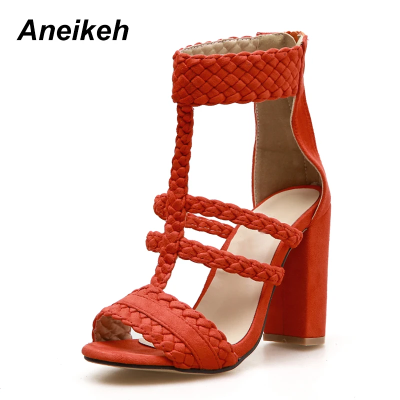 Aneikeh sandalias mujer/ г. Осенняя модная женская обувь на высоком квадратном каблуке, сандалии, обувь для вечеринок, черный, красный цвет, 39, 40