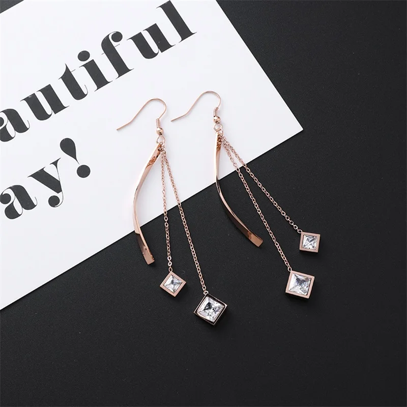 style-15 New Listing Geometric Titanium Steel long Tassel Girl Earrings gold Stainless Steel Triangle leaf Girl Black Jewelry Earrings 1 - Окраска металла: style-15