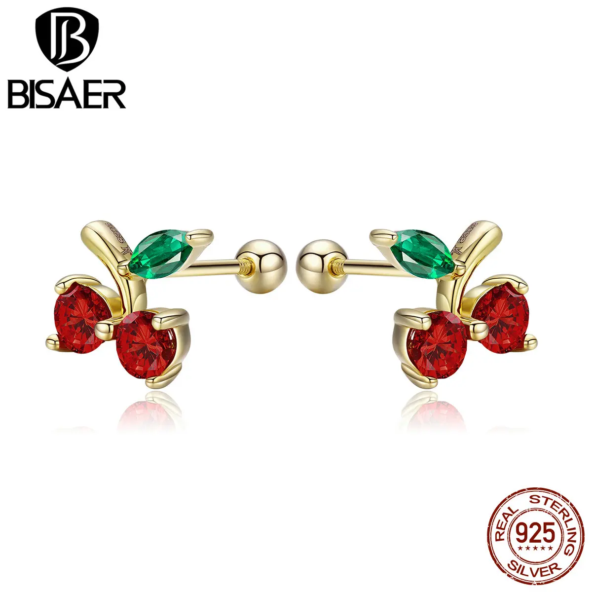 BISAER, 925 пробы, серебро, вишня, фрукты, маленькие серьги-гвоздики для женщин, красная вишня, модные серьги, ювелирное изделие, ECE543