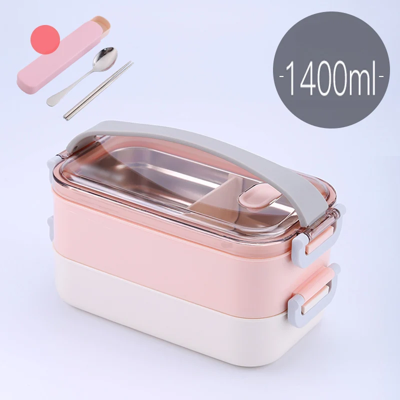 2 layer Pink 1 Горячая Распродажа для микроволновой печи герметичный Ланч-бокс пластиковый из нержавеющей стали Портативный пищевой контейнер с отделениями Бенто-бокс для пикника набор - Цвет: 2 layer Pink 1