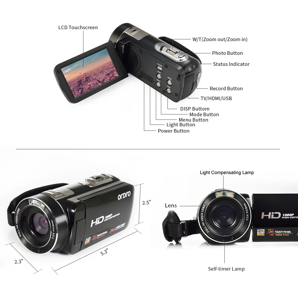 Ordro видеокамера HDV Z18 Plus 1080P FHD Цифровая запись с 12X телеконвертером дистанционное