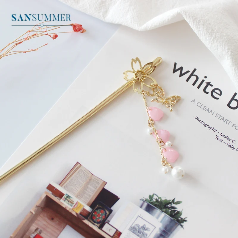 Женская заколка для волос винтажная шпилька с металлическим бантом в виде сакуры