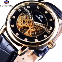 forsining 2017 diamond display transparent case fashion casual golden mechanical skeleton watch top brand luxury men wrist watch