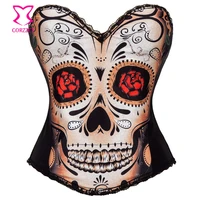 skull pattern printed gothic rave corset with straps waist slimming corsets and bustiers burlesque costume corsage sexy korsett