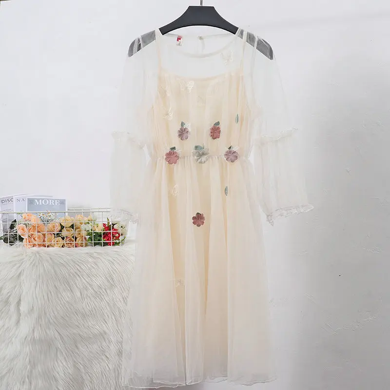Women Fashion Dress Женское платье с рукавом-фонариком, Тюлевое платье с круглым вырезом, платье с цветочным принтом и бабочкой, повседневный пуловер, Сетчатое, Марлевое, эластичное, тонкое, высокая талия, вуаль, платье с оборками - Цвет: Women Fashion Dress