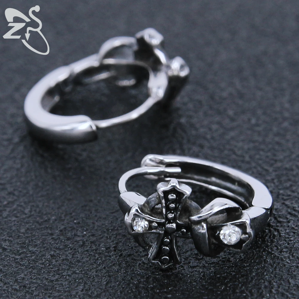 Модные Панк черные серьги-кольца с крестиком из нержавеющей стали круглые серьги для мужчин и женщин инкрустация CZ Кристалл крест маленькие Huggie серьги