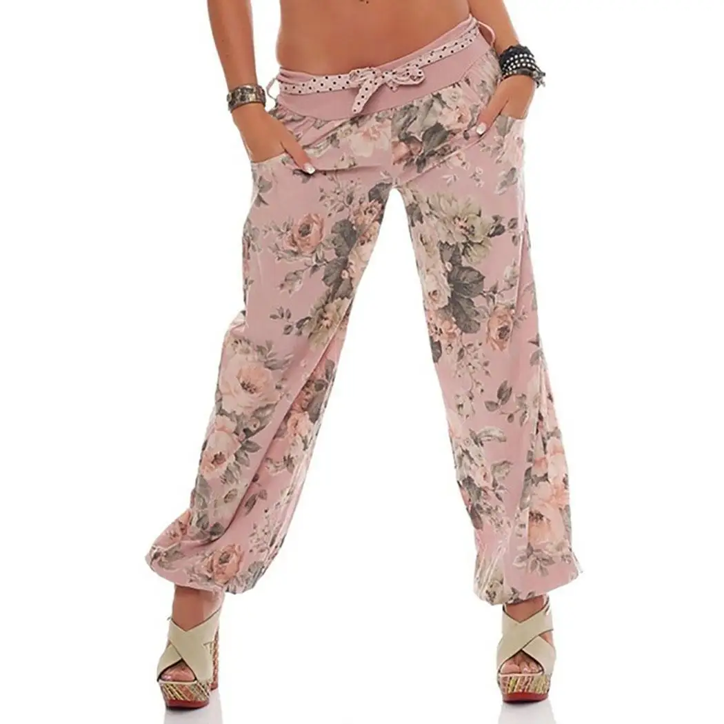 Женские повседневные Длинные свободные брюки с цветочным бантом и карманом