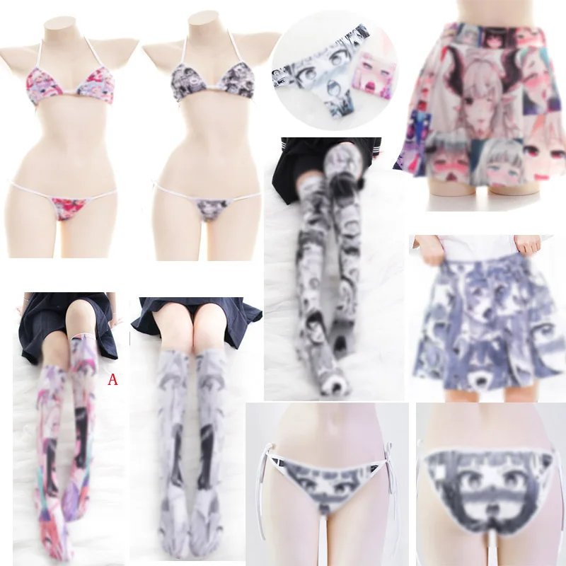 

Сексуальное женское бикини Ahegao Ahe, комплект нижнего белья, милые брюки, носки, трусики, бюстгальтер, Т-образные стринги, косплей, шимановая юб...