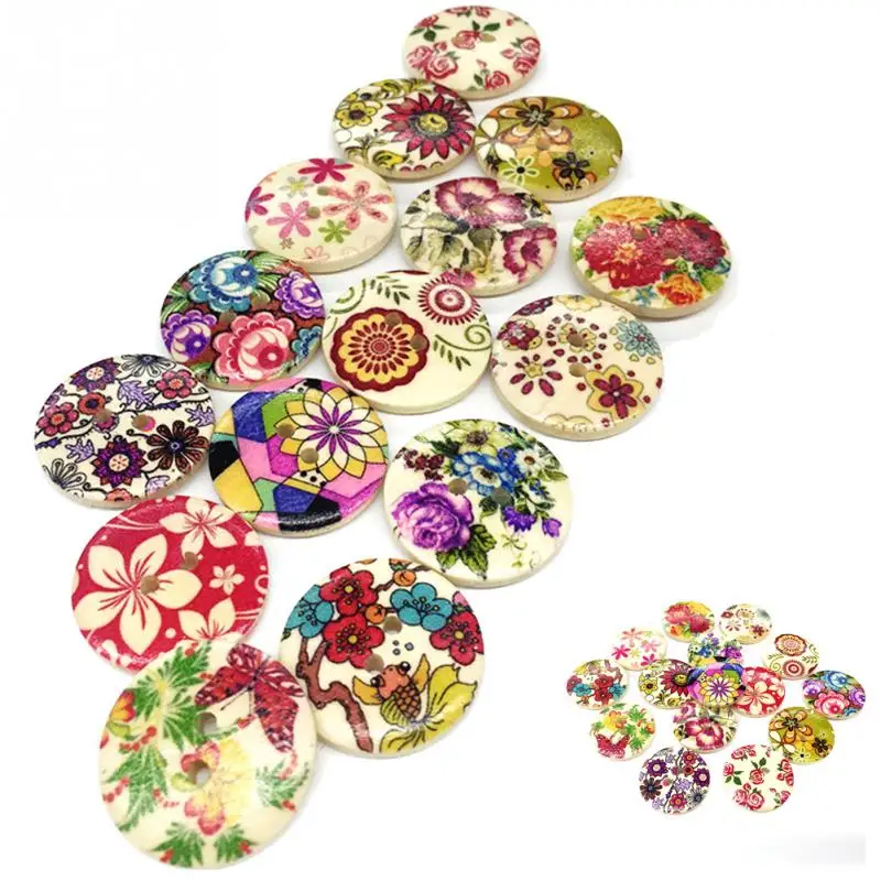 50 шт. круглые деревянные пуговицы Craft Скрап Швейные Цветочный принт Винтаж