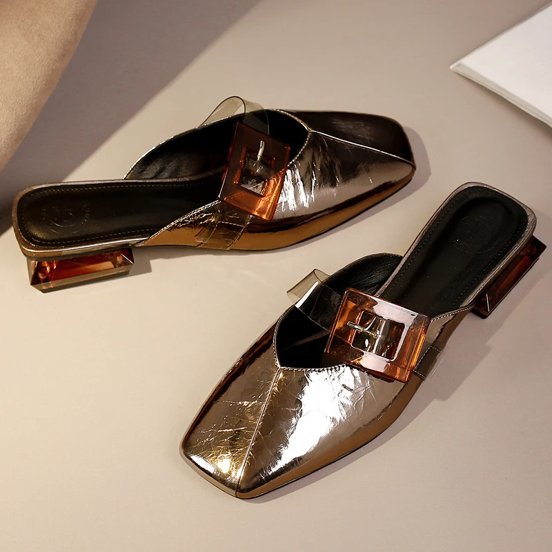 

Women's genuine leather slip-on flats slides brand designer big buckle mules high quality summer sandalias comfortable shoes hot