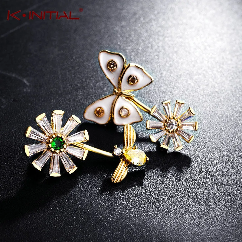 Kinitial Мода Очарование Циркон Кристалл Би цветок серьги бабочки для девочек Для