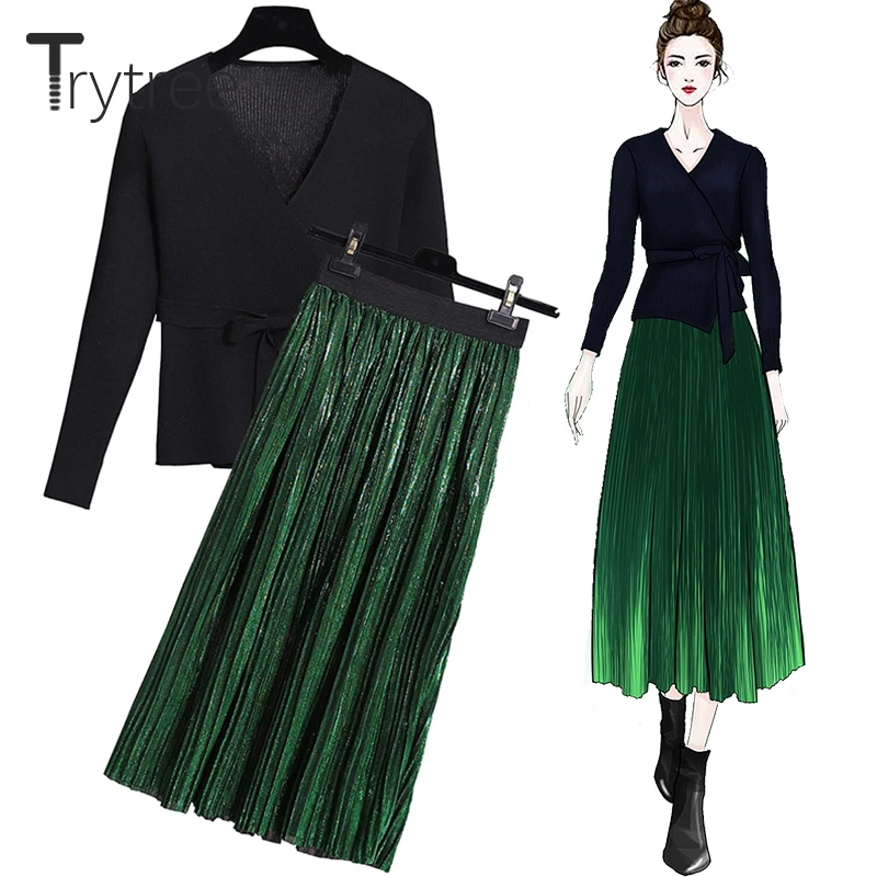 Trytree Spring summer Set Women two piece set Casual Fashion tops + skirt Top V-neck Office Polyester Solid Suit Pullover | Женская