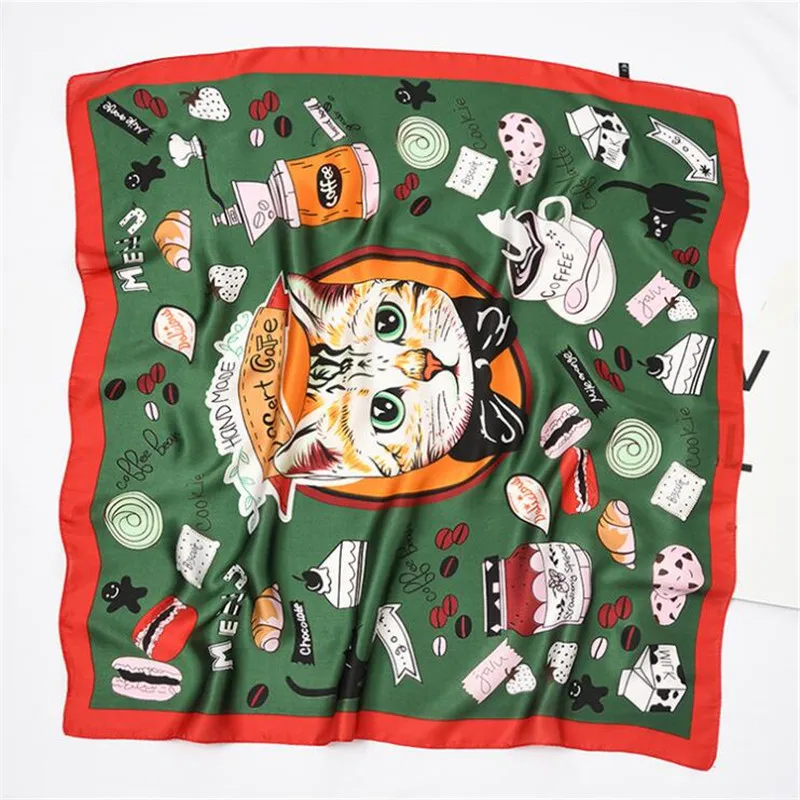 New 70x70cm Women Polyester Silk Scarf Cat Food Cute Printed Satin Small Square Wraps Scarves Shawl Headbands Ties handchiefs |