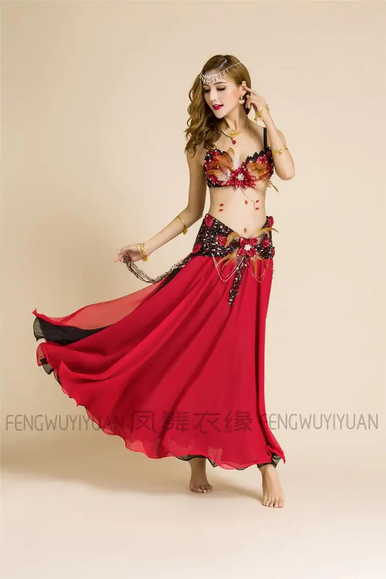 Bellydance/осенний комплект одежды из 3 предметов (бюстгальтер + юбка пояс) с перьями