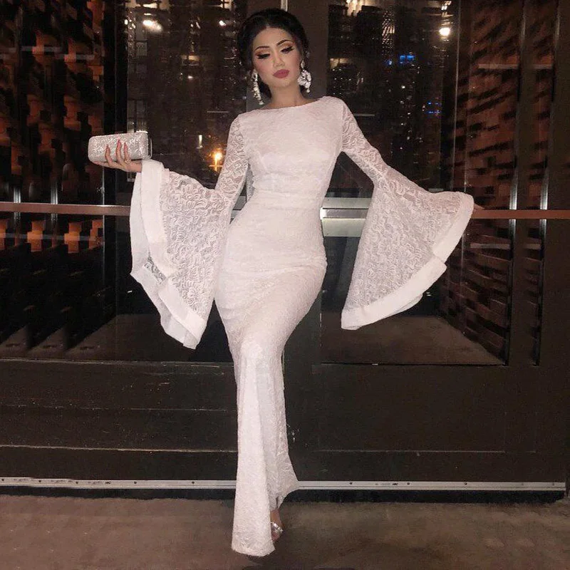 

Full Lace Gown White Dress Wedding Evening Party Wear Sheath Flare Sleeve Maxi BOHO Dress Vintage Hollow Skinny Babycon Tights