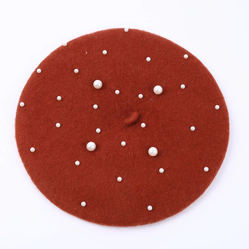 pearl rust red Модный женский вязаный берет из чистой шерсти с жемчугом, осенне-зимний теплый элегантный женский берет художника, шапки для девушек, 14 цветов - Цвет: pearl rust red
