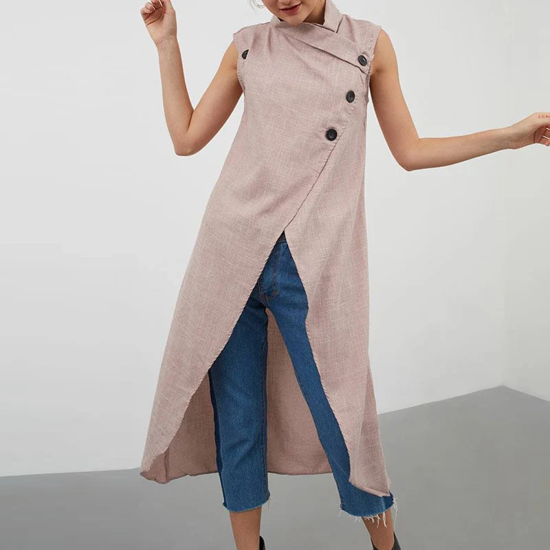 Light Pink Женская Ретро блузка, ассиметричный Топ, летняя, без рукавов, на пуговицах, повседневная, свободная, с разрезом, длинная рубашка размера плюс, Blusas 5XL - Цвет: Light Pink