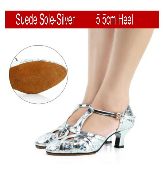 Silver 55cm heel Для женщин; блестящая кожа; Туфли для латинских танцев с закрытым носком мягкая подошва Сальса обувь танго бальных Танцы обувь 3,5/5,5/6,5 см на высоком каблуке - Цвет: Silver 55cm heel
