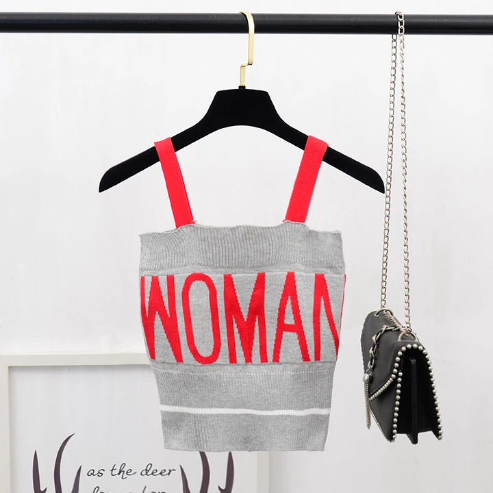 ALPHALMODA Для женщин Стиль Письмо Вязание Chic укороченные трикотажная кофточка блок Цвет короткие Трикотажный Слинг Топ Спортивная летние майки