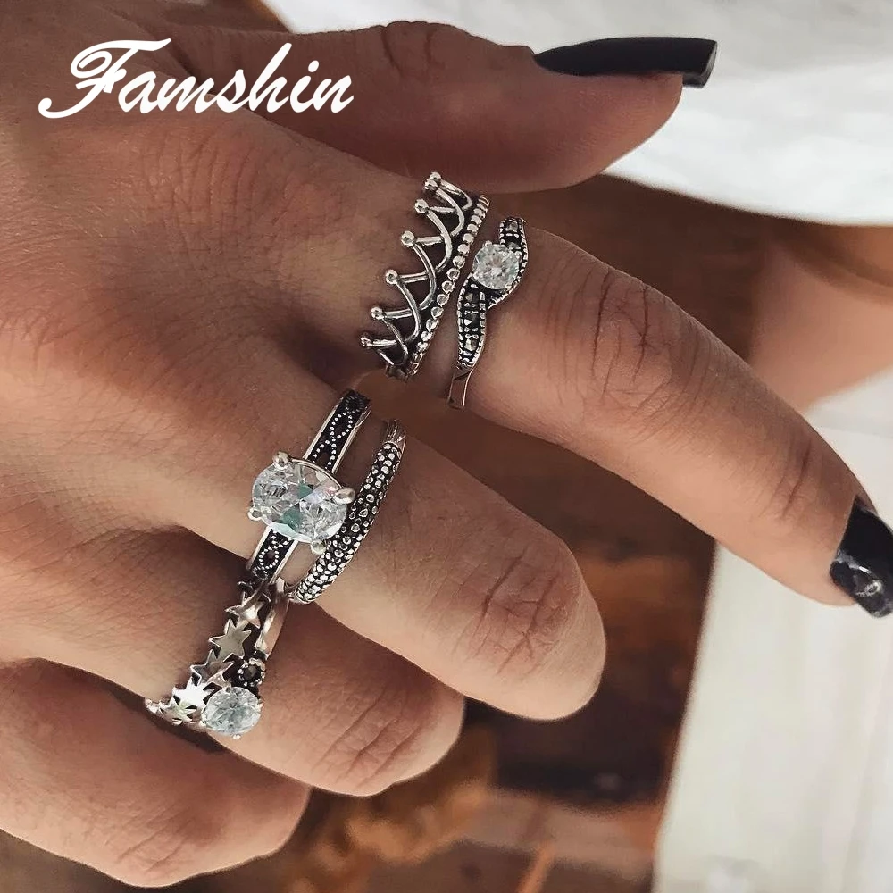 FAMSHIN 6 шт./компл. в богемном стиле панк этнические короны звезды Кристалл кольцо