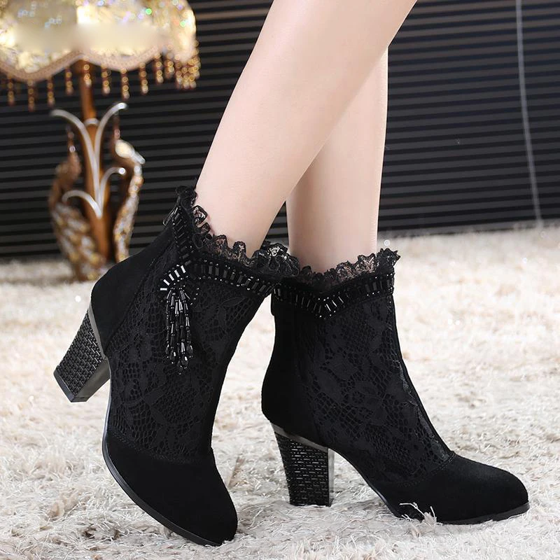 

MVVJKE Genuine leather female spring and autumn boots high-heeled shoes net boots lace women's shoes