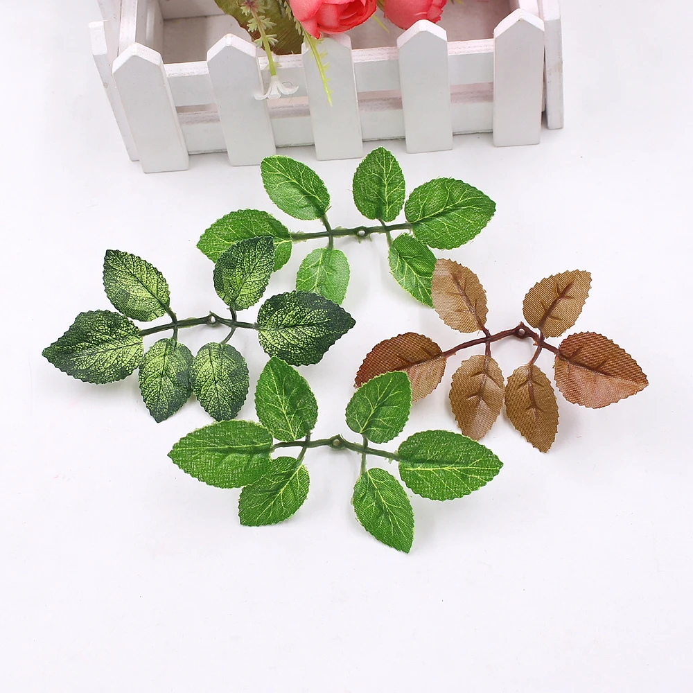 10pcs green artificial leaf flower wedding home decoration rose bouquet accessories leaves diy cut and paste craft fake flowers images - 6