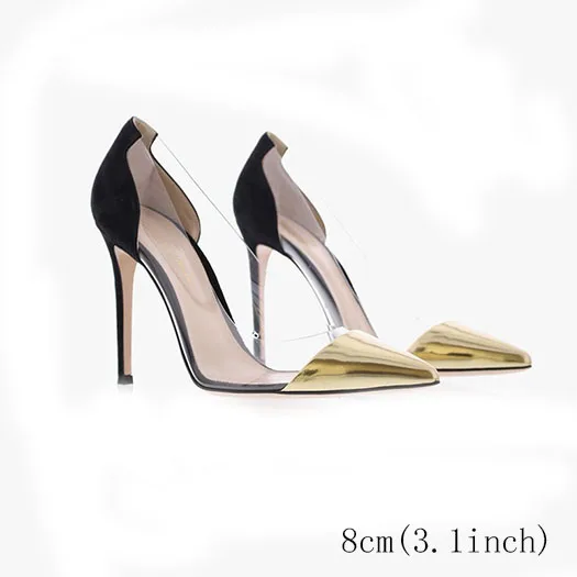 gold black 8cm Сверхтонкие прозрачные туфли-лодочки из пвх; Очень прозрачные вечерние туфли на высоком каблуке 8 см с острым носком; женские вечерние туфли золотистого цвета; большие размеры - Цвет: gold black 8cm