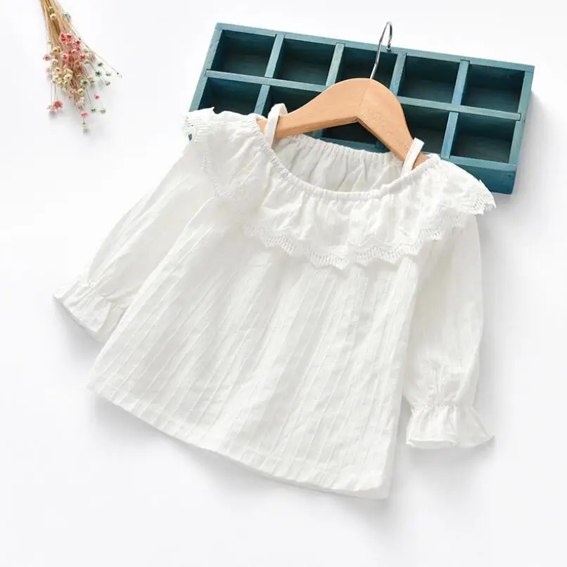 Детская кружевная блузка для девочек весна-лето 2019 с длинным рукавом и оборками