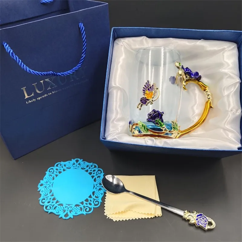 

Enamel Tea Cup Coffee Mug Cups Clear Glass With Spoon Set Butterfly Rose Flower Enamel Design Mug Unique Valentine Wedding Gift