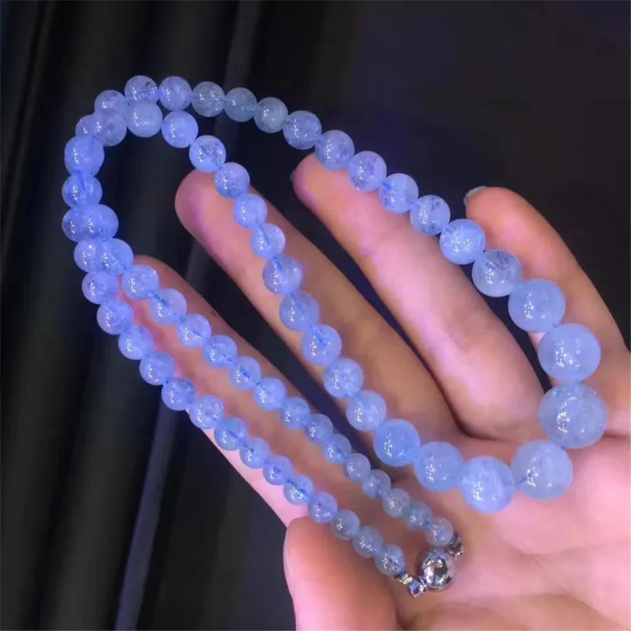 

2018 Newly Natural Ocean Blue Gem Stone Round Beads Crystal Long Necklace AAAA 5-12mm Fashion Women Crystal Necklace Stone