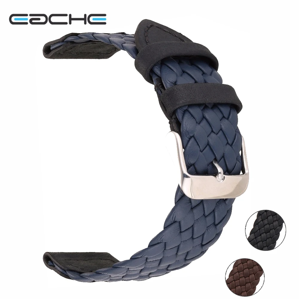 

EACHE 20mm 22mm Genuine Leather Watch band blue black brown Braid By hand High Quality straps