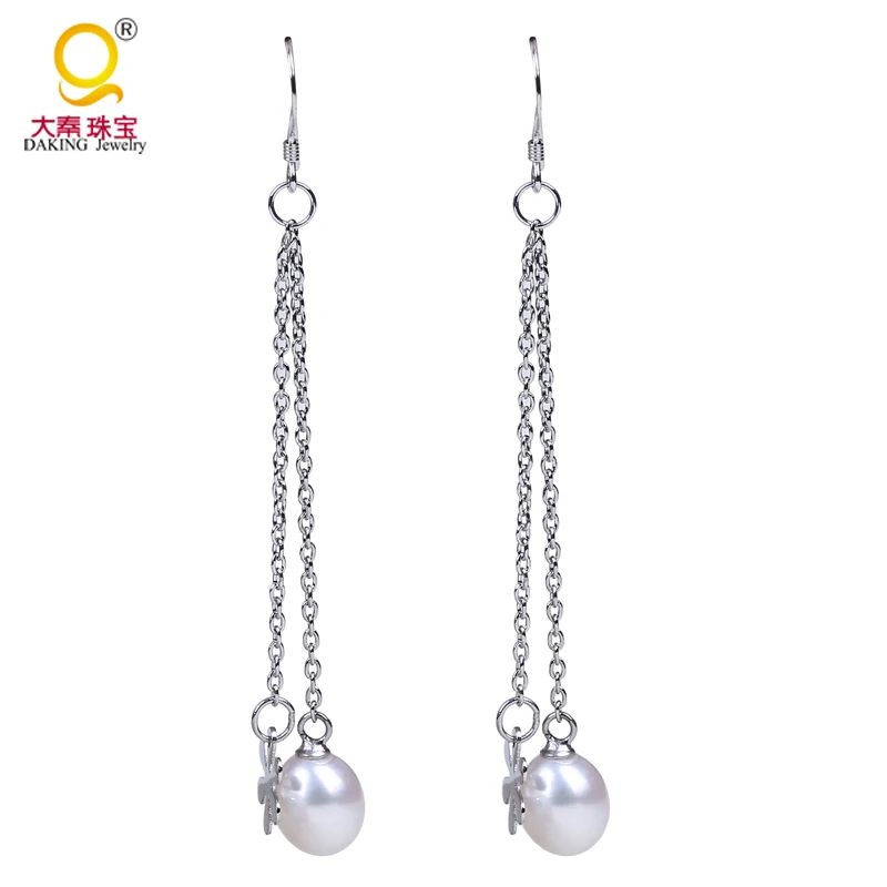 Серьги с длинной цепочкой и жемчугом серьги белым пресноводным из серебра 925