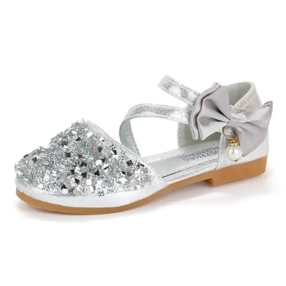 Bow-knot Silver Новинка года; модная обувь принцессы с бантом на плоской подошве для девочек; детская повседневная обувь с блестками; лофтеры для девочек; Танцевальная обувь с бусинами; 03B - Цвет: Bow-knot Silver