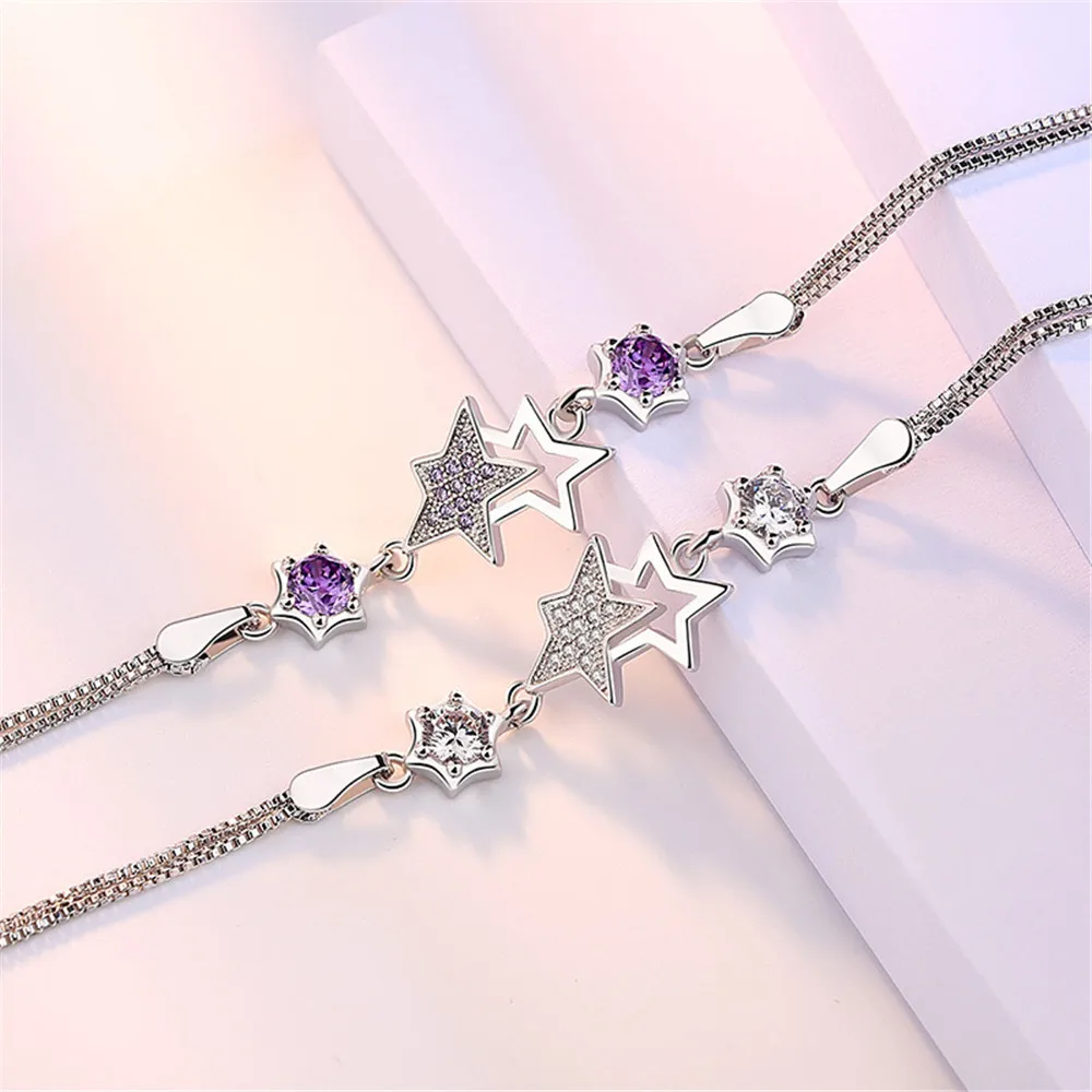 2019 Trendy Simple Eastern Star Bracelet Genuine Sterling Silver 925 Box Chain Braslet Woman Multi Layer Cuff Wristband SB009 | Украшения и