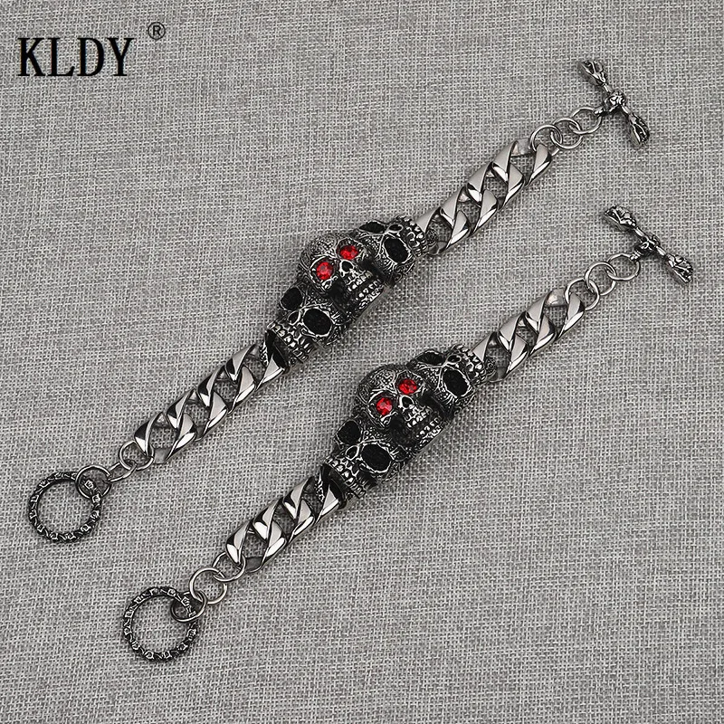 KLDY череп браслет для мужчин Байкер нержавеющая сталь красный камень глаза панк