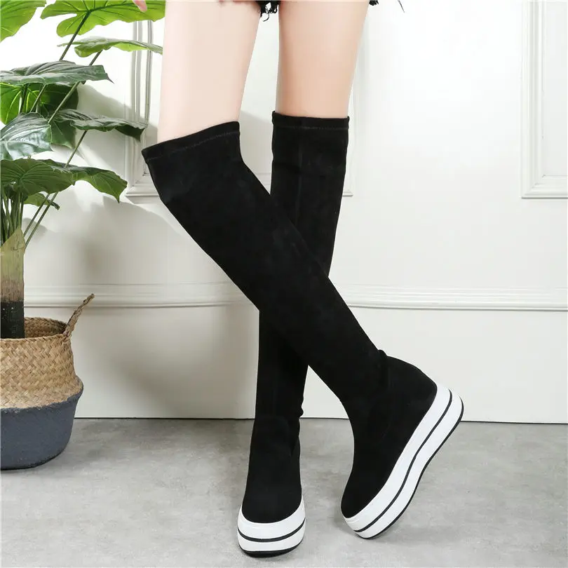 NAYIDUYUN/Женская обувь из телячьей кожи; Высокие Сапоги выше колена на высоком каблуке; панк-кроссовки на платформе; цвет черный, серый; криперы